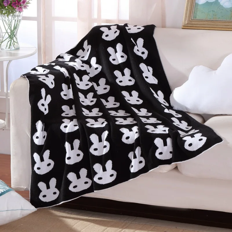 

Simple Color Solf Blanket Quality Children Bed Cover Double Sides Knitted Geometry Blanket Rabbit Head Portable Outdoor Blanket