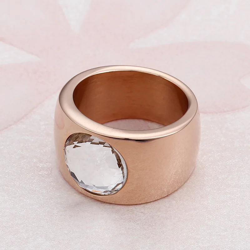 Trendy Crystal Round Female Ring 10MM Wide Ring New Arrival Stainless Steel Women Cocktail Ring Jewelry Engagement Ring