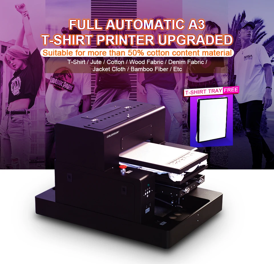 Цвет Солнце Автоматический A3 Размер футболка печатная машина Планшетный dtg принтер темный цвет джинсы принтер с двумя лотками с текстильные чернила