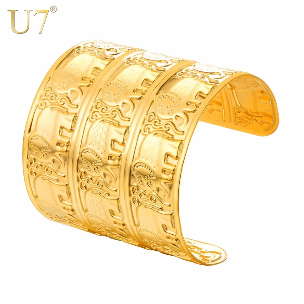 

U7 Bracelet Stainless Steel Vintage Gold Color Engraved Elephant Wide Cuff Bangle Adjustable Animal Gift Jewelry Bracelets H1043