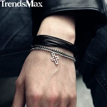 Мужской кожаный браслет, тройной слой, крест, шарм, нержавеющая сталь, кубинская коробка, звено цепи, браслет, мужские ювелирные изделия, подарки для мужчин KDLB55