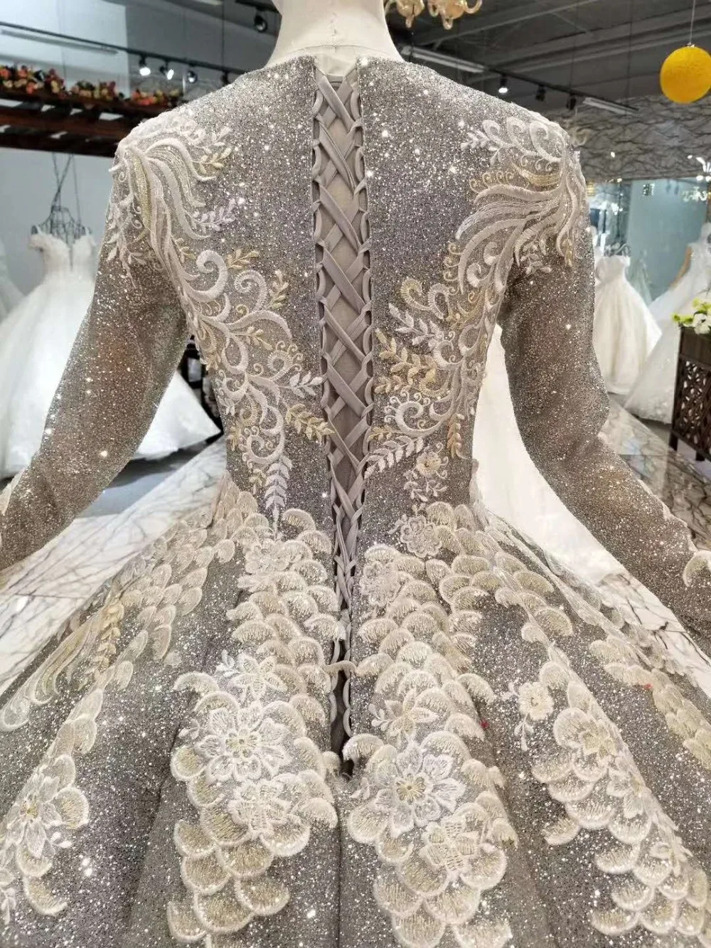 LSS046 senior grey muslim puffy shiny evening dress long sleeves pleat floor length evening party dresses women occasion dress