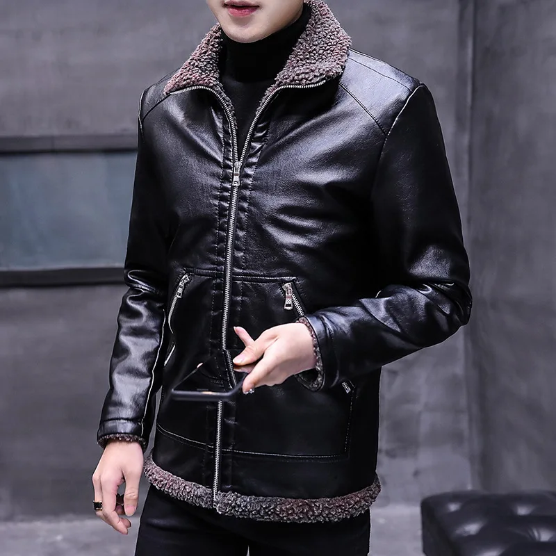Зимняя мужская куртка из искусственной кожи, пальто, осенняя бархатная теплая верхняя одежда, мужская повседневная мотоциклетная куртка-пилот, Байкерская кожаная куртка