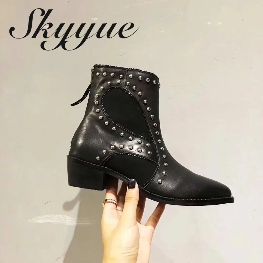 SKYYUE Genuine Leather Cowboy Metal Studded Women Boots Thick Heel Pointed Toe Women Autumn Winter Ankle Boots Shoes Women