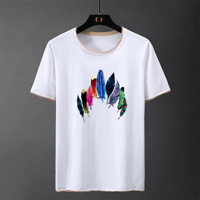 

Fake Two 2019 Fashion Colored Feather Print Hip Hop Men's T-Shirt Short Sleeve O-Neck Hipster T-Shirts Men Tops Casual Tshirt