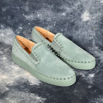 

Suede Leather Pattern Flats Men Studded Spikes Red Thick Sole Loafers Male Round Toe Slip On Casual Shoes Rivets Green Shoes 48