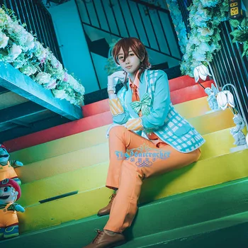

Uta no Prince Sama Sweet Cafe Live Kotobuki Reiji Cosplay Costume Custom Long Sleeve Blue Plaid Jacket Khaki Vest Pants Uniform