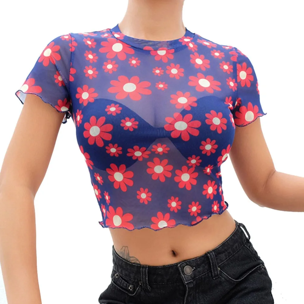 

Summer Sexy Transparent Mesh Top Female Daisy Flower Print T-shirt Short Sleeve Knit Women T Shirt Casual Crop Tee 2019