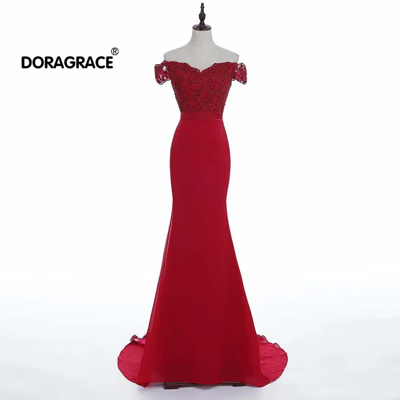 

Doragrace Real Photo robe de soiree Off-Shoulder Prom Dresses Mermaid Evening Gowns Red Evening Party Dresses