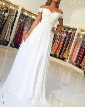 

A Line Summer Chiffon Wedding Dresses Lace Off the Shoulder Simple Beach Bridal Gowns Vestido De Noiva Covered Button