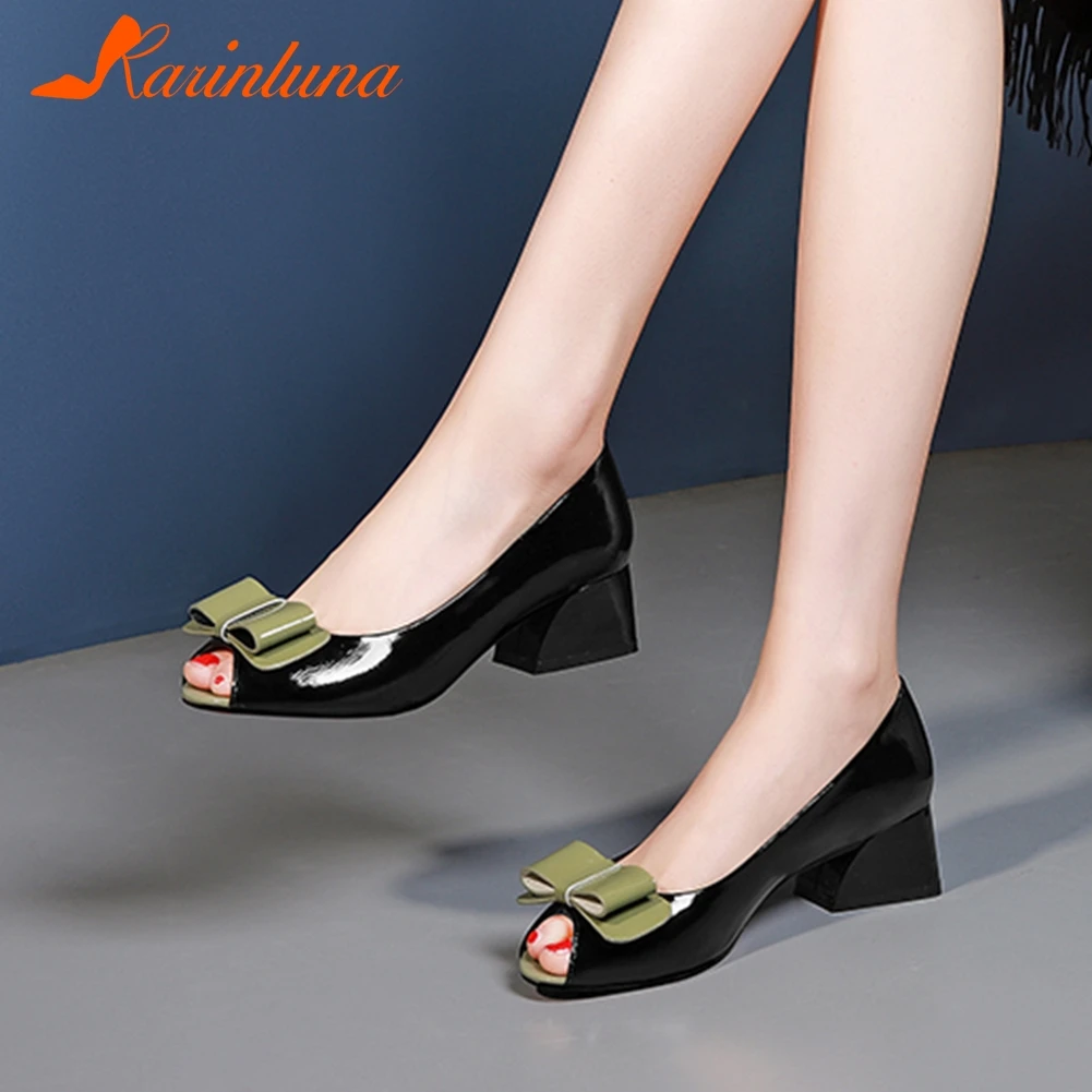 

KARINLUNA genuine leather hot sale classics pumps woman shoes peep toe sweet bowtie slip on chunky heels chic shoes woman pumps