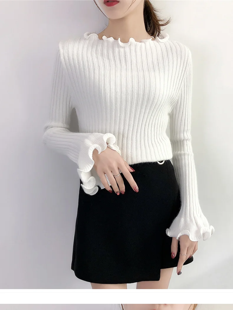 Wysokiej jakości jesień zima sweter kobiety swetry moda damska solidna Ruffles pełna Flare rękawem swetry z długim rękawem dla kobiet 2018 -