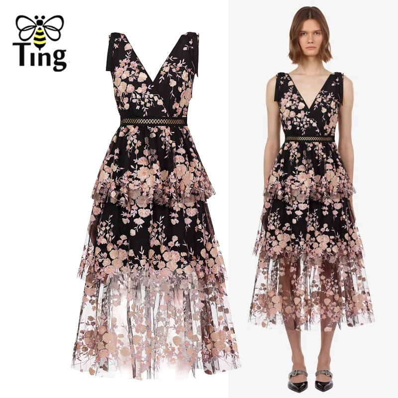 Tingfly 2019 NOVEDAD DE VERANO temporada vestido de Sp mujeres Vintage malla de bordado de flores Midi Vestidos de fiesta de encaje con cuello V Casual Vestidos|Vestidos| - AliExpress