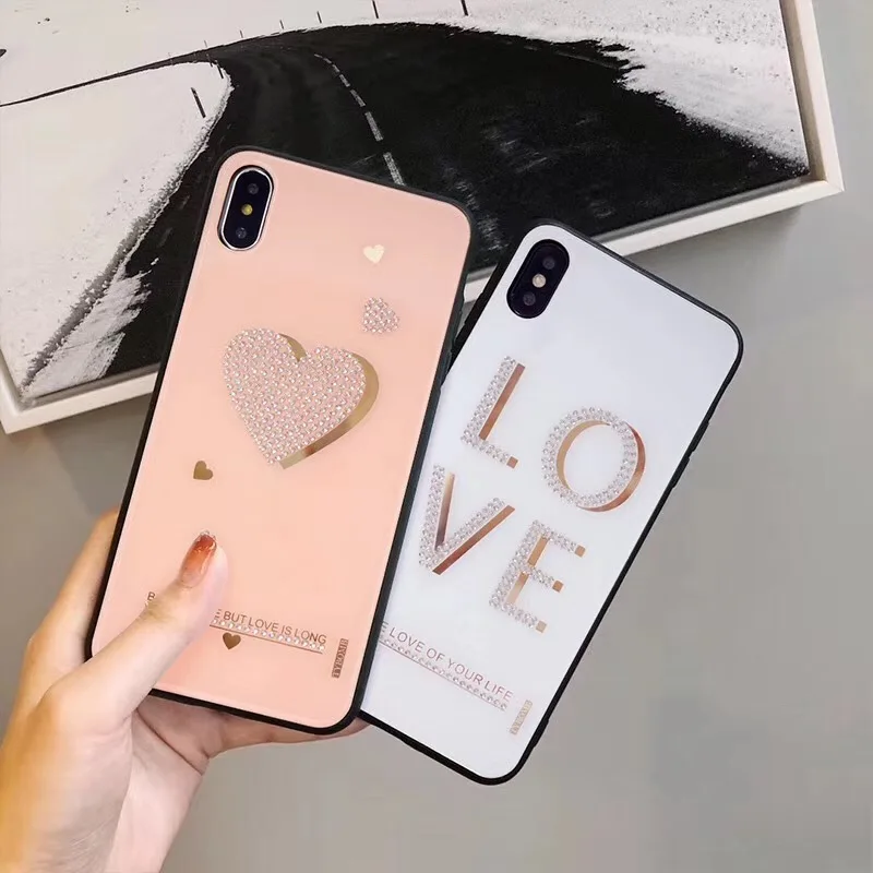 

Fashion Bling Love Heart Diamond Phone Case For iphone X XR XS Max 6 6S 8 7 Plus Glitter Girly Case Hard PC Back Cover Coque