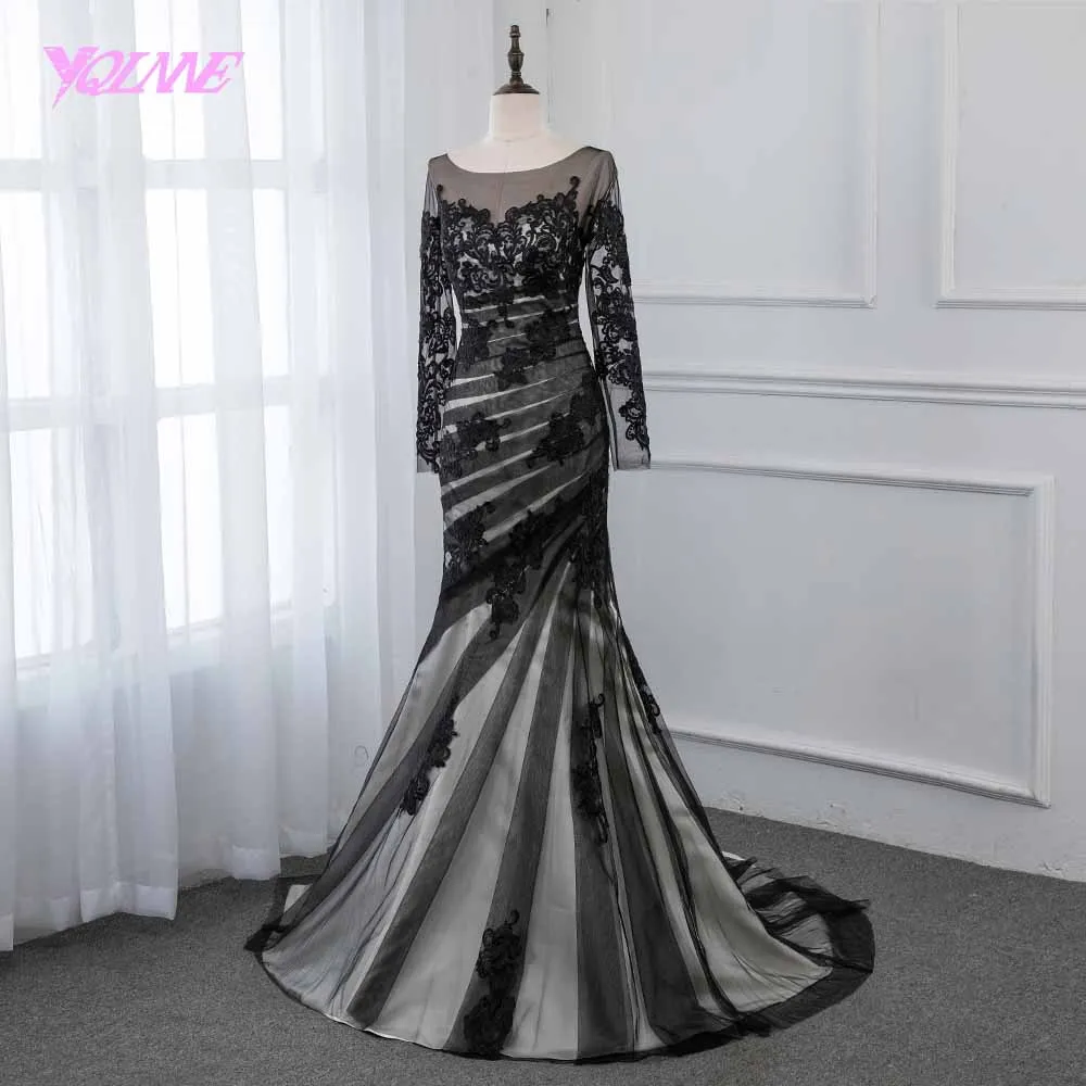 YQLNNE черные кружевные платья с длинными рукавами русалка выпускного вечера орнаменты вечернее платье с открытой спиной
