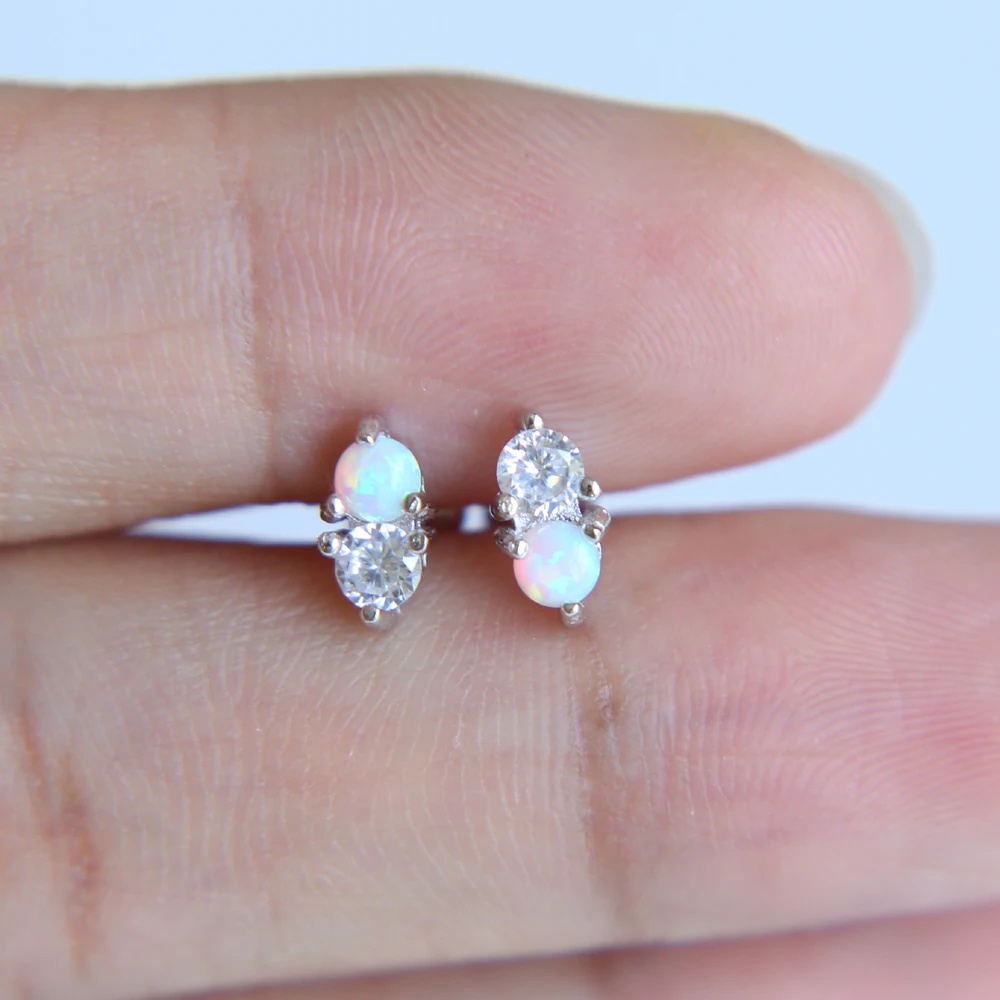2017 cute minimal girl jewelry 925 sterling silver dainty delicate opal stone tiny stone double hole small earring 925