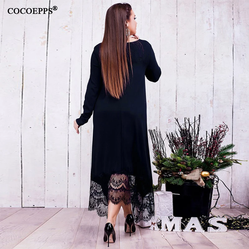 COCOEPPS 5XL 6XL осенне-зимнее Свободное длинное платье макси размера плюс, кружевные платья нестандартного большого размера, халат, новое повседневное женское платье