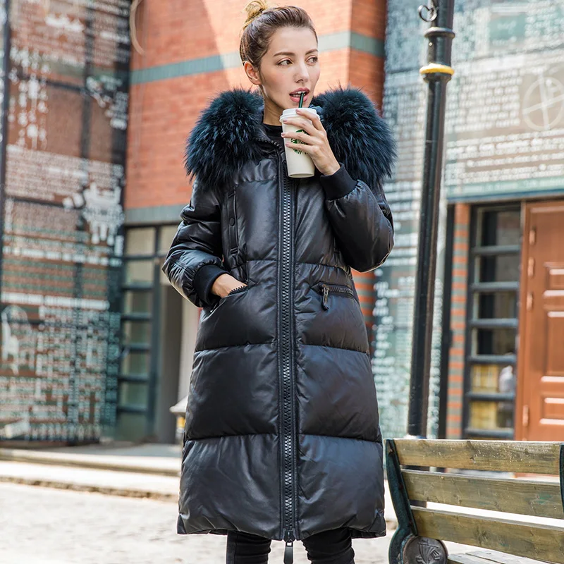 

YOLANFAIRY Genuine Leather Jacket Women Sheepskin Leather Reccoon Fur Collar Down Coat Winter Warm Thick Outwear K168642 MF423