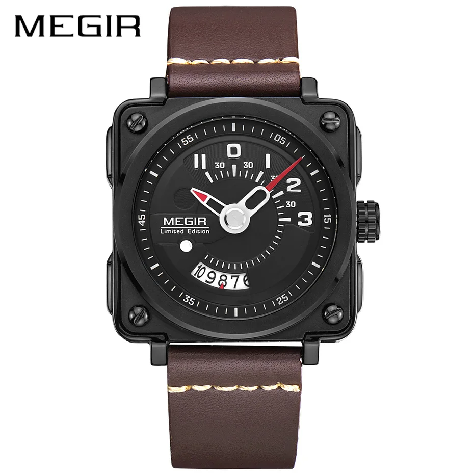 

MEGIR Fashion Square Watch Men Leather Waterproof Sport Quartz Wrist Watches Business Mens Clock Male Relogio Masculino