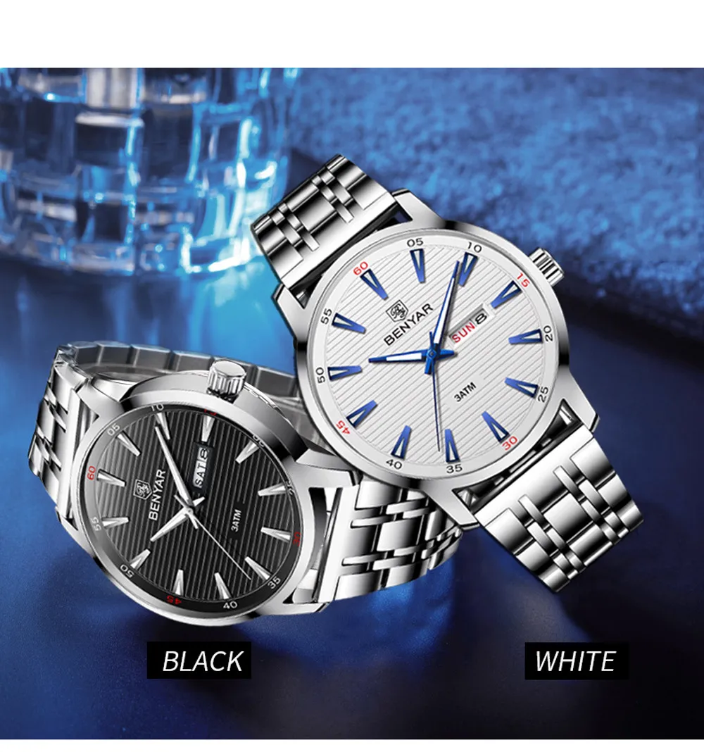 Новинка, BENYAR мужские часы, простые деловые кварцевые часы, мужские классические водонепроницаемые часы из нержавеющей стали, мужские часы