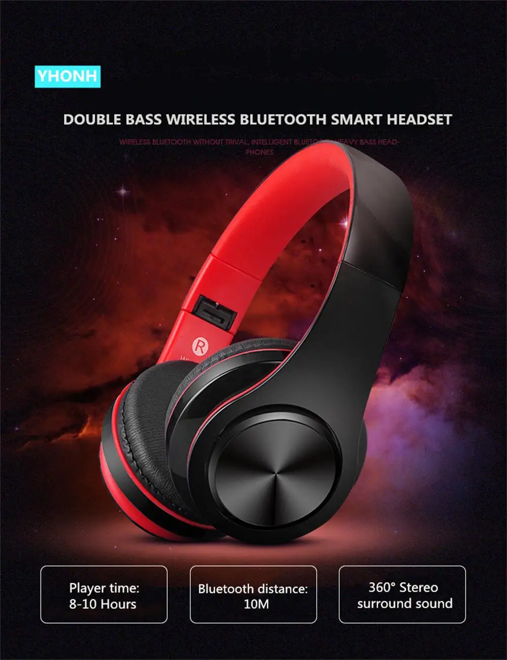 

YHONH bluetooth headphone music headset FM and support SD card with mic for moblie iphone/ tablet All bluetooth computer