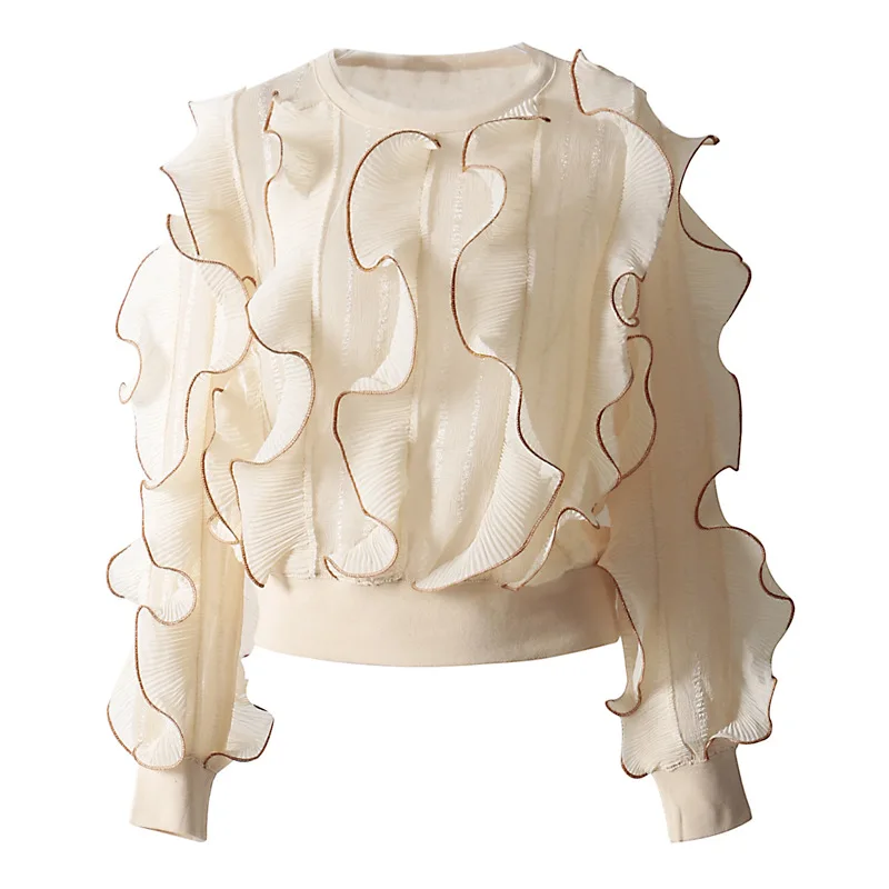 

2019 New Spring Pullover O-Neck Ruffles Lantern Sleeve Lace Hoody Women Fashion Pleated Casual Tops
