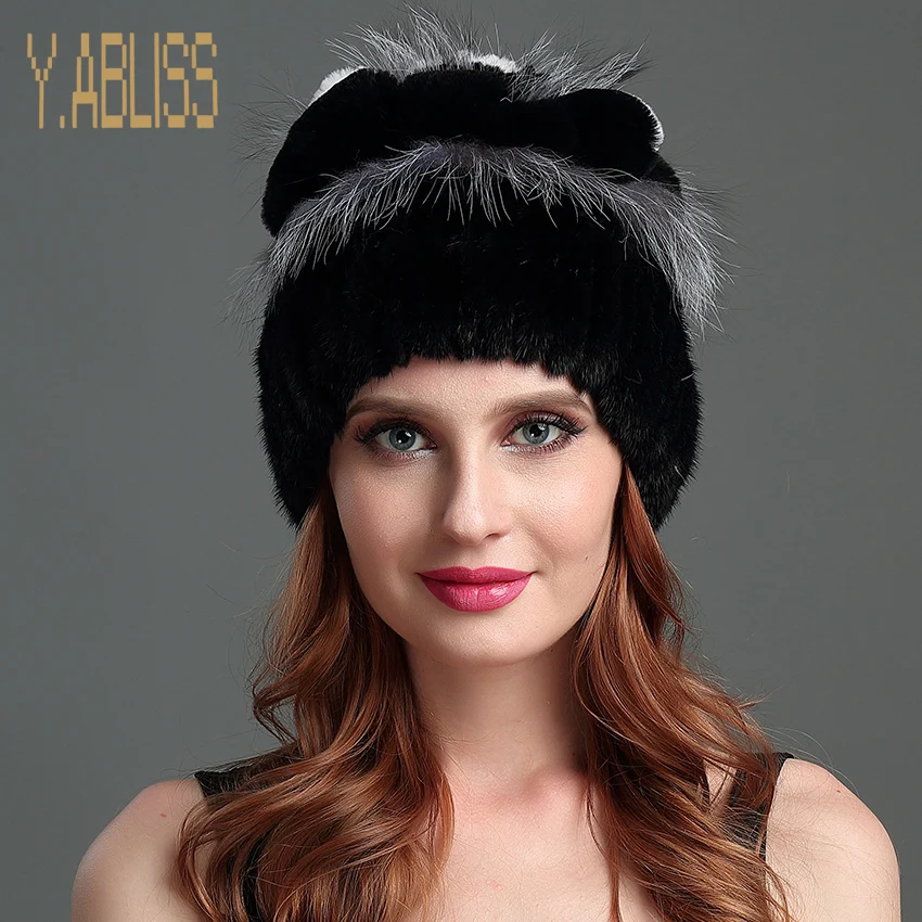 Winter Mink Hats for Women Luxury Black Mink Fur Knitted Cap with