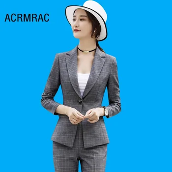 

Women suits Slim spring Plaid jacket Pants 2-piece set OL Formal Women pants suits Woman set suits 989