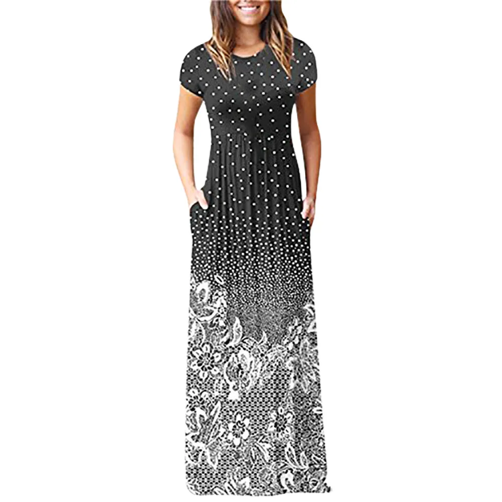 Женское повседневное летнее платье макси из полиэстера с цветочным принтом, коротким рукавом и карманом, длинное платье - Цвет: Black