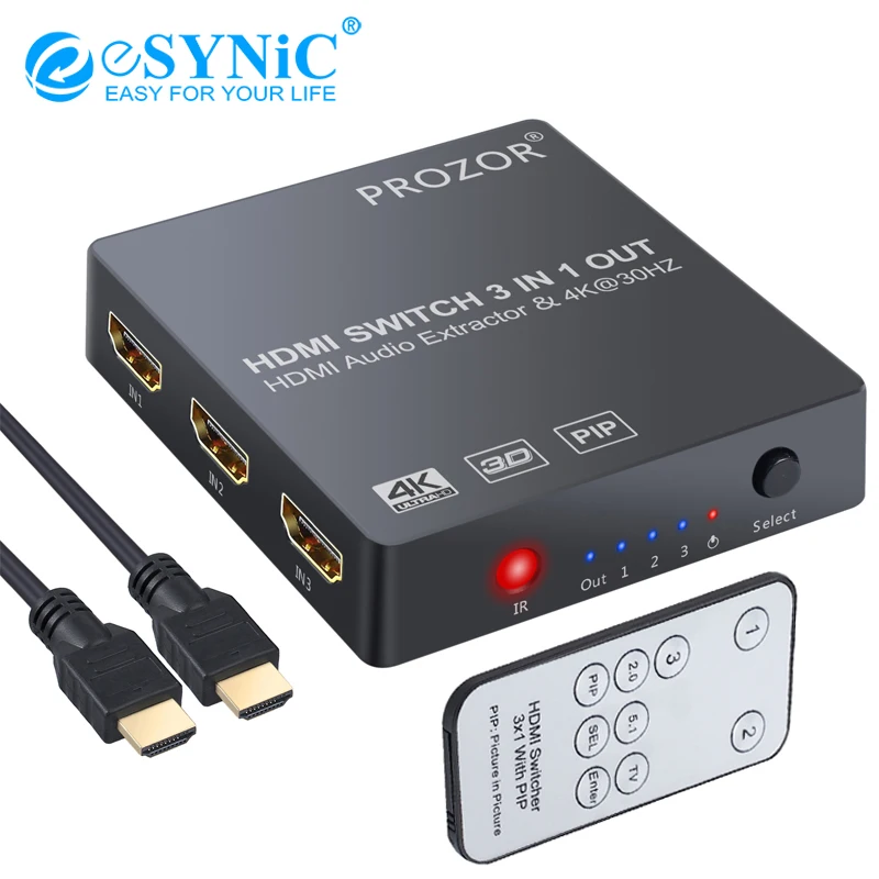 

eSYNiC 3x1 HDMI Switch With Audio Extractor 3.5mm Earphone Converter Analog Optical Toslink SPDIF Output Support 4K 3D 1080P PIP