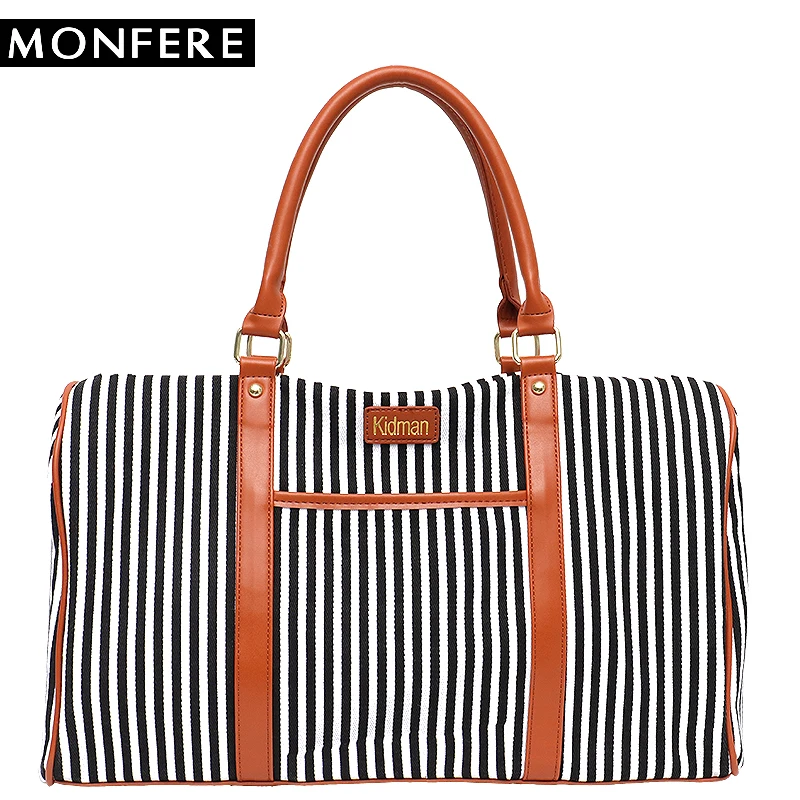 

MONFERE Large Casual Travel Tote Bags Women Carry Handbag Messenger&Shoulder Bag Canvas Stripe Pu Leather Overnight Holiday Bag