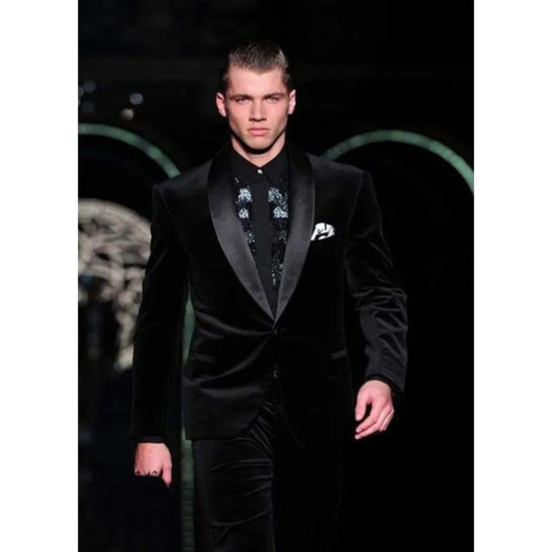 Black Velvet Men Suits Blazer With Pants Brand New Mens Party Tuxedos Groomsmen Best Man Wedding