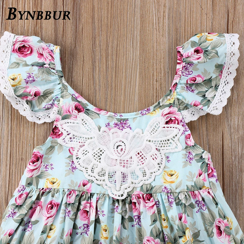 Bynbbur Lace Patchwork Floral Print Dress Girls Party Dress Sleeveless Cute Baby Backless Kid Girl Mini Dress 2019 Summer New