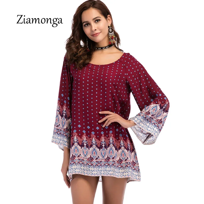 

Ziamonga Ethnic Women Dress 2018 Summer Dress Plus Size XXXL Casual Beach Dress Floral Print Retro Tunic Long Sleeve Mini Dress