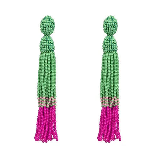 JUJIA, женские серьги Firenze Fringe, серьги-капли, модные женские массивные длинные серьги с бусинами и кисточками, висячие серьги-капли для женщин - Окраска металла: green with pink