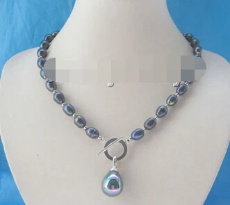 

FREE SHIPPING>>> 08148 11-12mm black baroque freshwater pearl necklace- shell pearl pendant