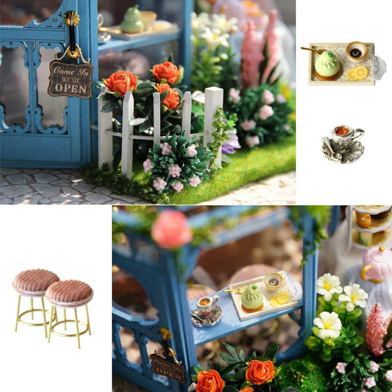 DIY Miniature Rose Garden Cake Shop Dollhouse Wooden Furniture LED Music Kits