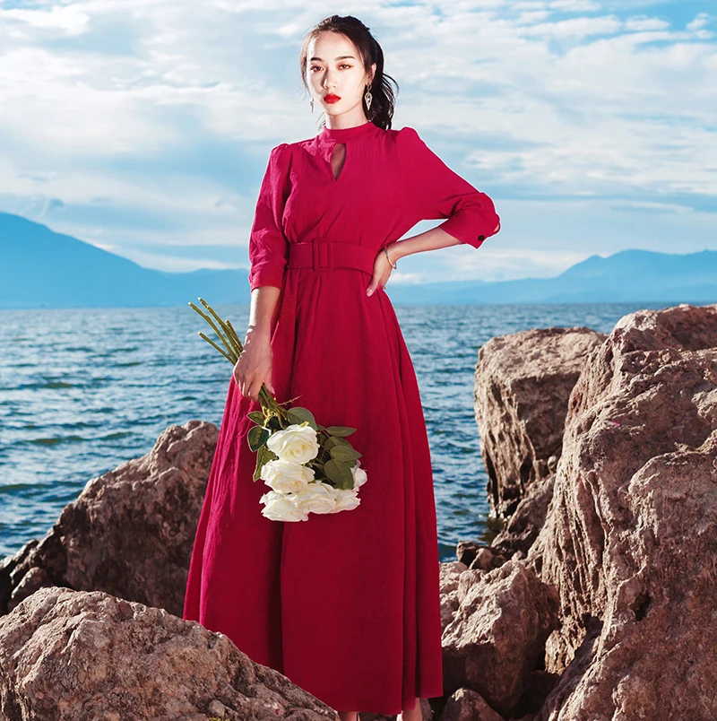 YOSIMI 2018 de mujer largo Vestido de pana Otoño Invierno Maxi Vestido para las mujeres Vintage de manga completa tobillo longitud mujer Vestido verde - 5