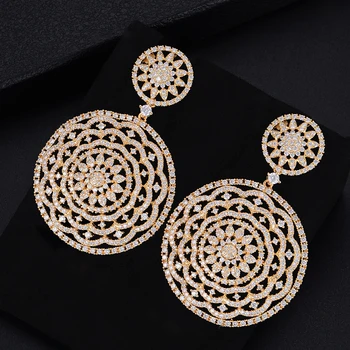 

Fashion Geometry Round Hollow Pierced Flower Shape Cubic Zirconia Dangle Drop Earrings For Women Girls