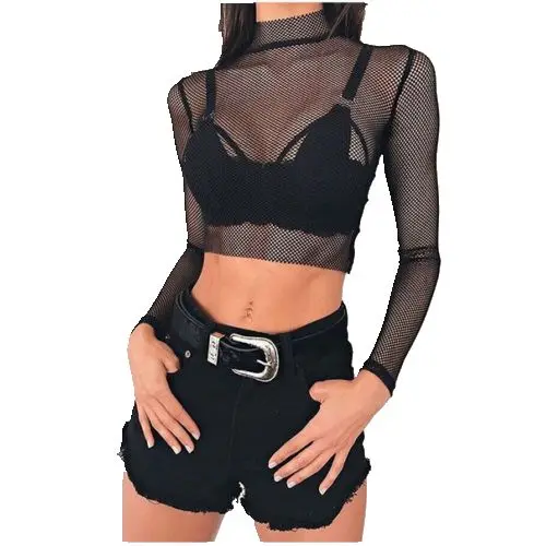 

2017 New Women Girl Sexy Mesh Net Top T-shirt Long Sleeve Slim Split Slit See-through Crop Tee Tops