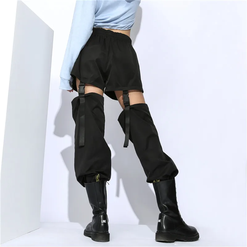 Weekeep/черные лоскутные брюки с высокой талией; женские модные узкие брюки с вырезами и регулируемой пряжкой; уличные брюки для женщин