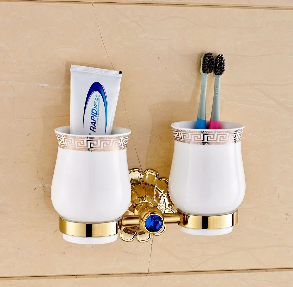 Luxury Golden Polish Tooth Brush Holder Double Ceramic Cups Wall