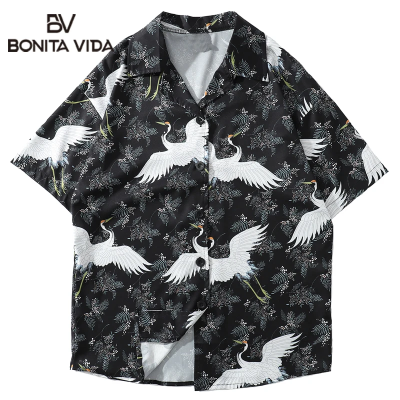 

Bonita Vida Japanese Crane Printed Beach Shirts Hip Hop Casual Summer Men Hawaii Aloha Party Holiday Shirts Streetwear Shirt