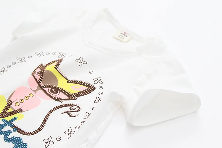 2018 Summer 3-12 Years Birthday Lovely Funny Cartoon Cat Print Lace Embroidery Hollow Out Short Sleeve T Shirt Teenagers Girl (13)