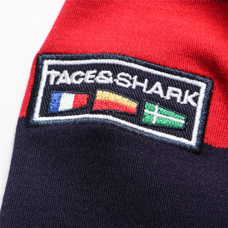 Бренд TACE& SHARK, лидер продаж, Модные полосатые топы поло с вышивкой акулы, с длинным рукавом, мужские облегающие поло, Повседневная Деловая одежда для мужчин