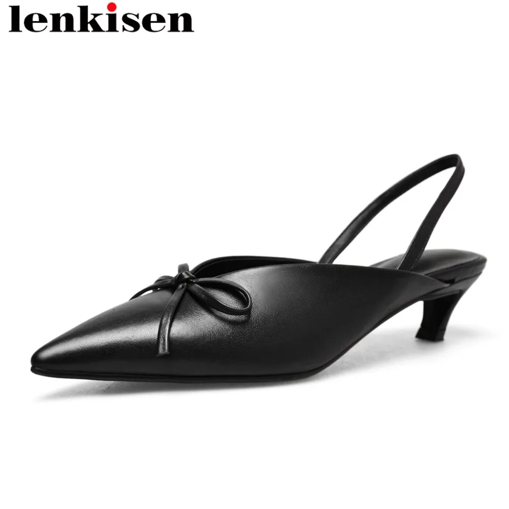 

Lenkisen British style pointed toe slip on women sandals med heels bow-knot plus size simple fashion summer leather shoes L9f1