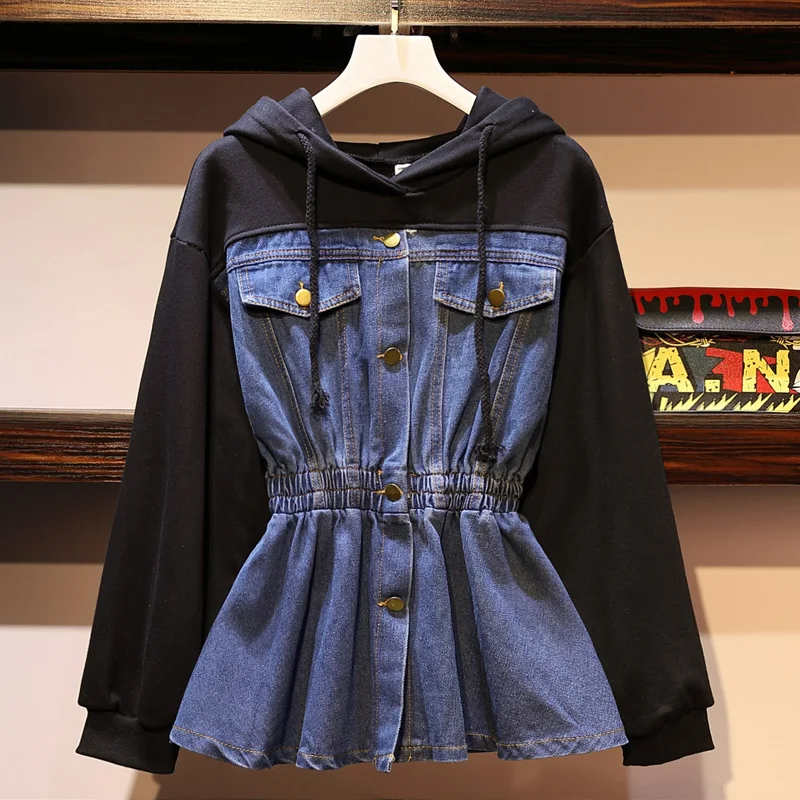 

Sweatershirt denim hooded fake two-piece top female long loose pullover denim Harajuku style top hoodie