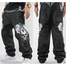 Men's Loose Jeans Skull Embroidery Hip-hop Rap HIPHOP Skateboard Pants Dance Baggy Denim Straight Size 30-42