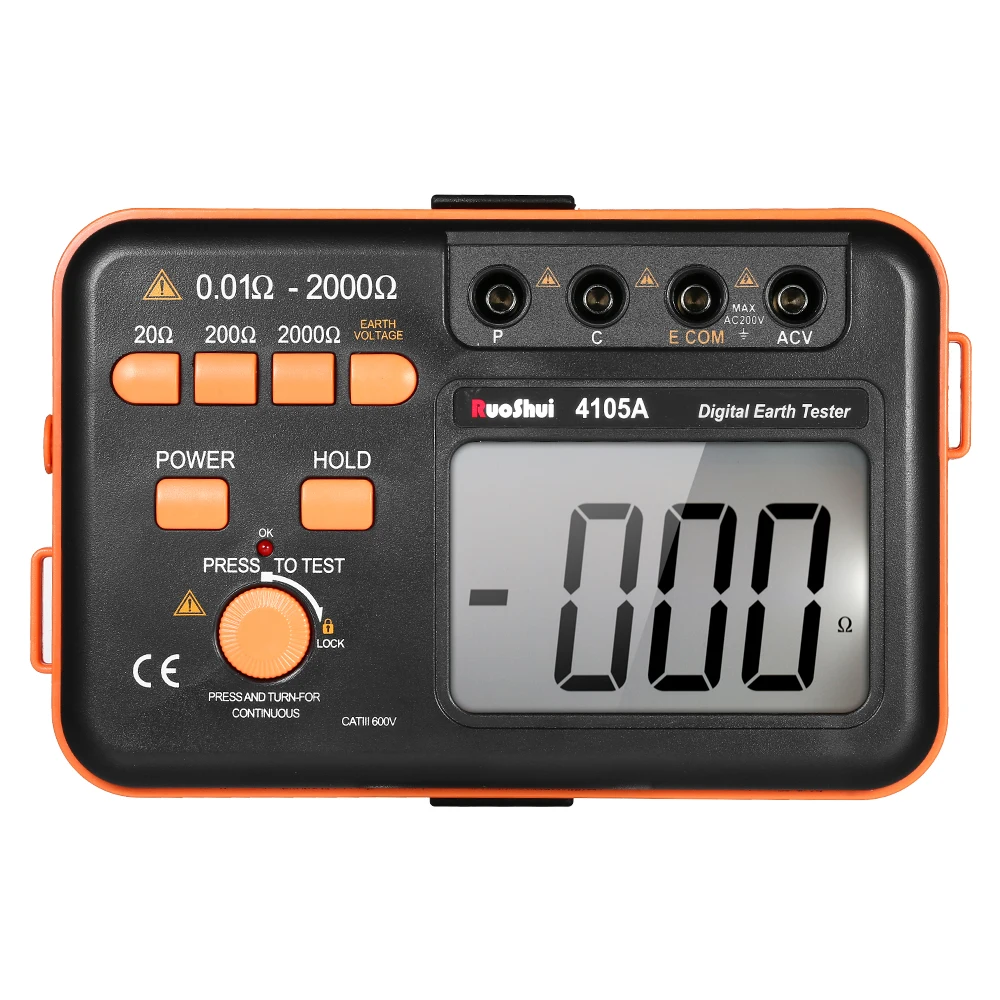

RuoShui Digital Resistance Tester Ground Meter 2000ohm 200V Voltmeter Ohmmeter w/LCD Backlight Display