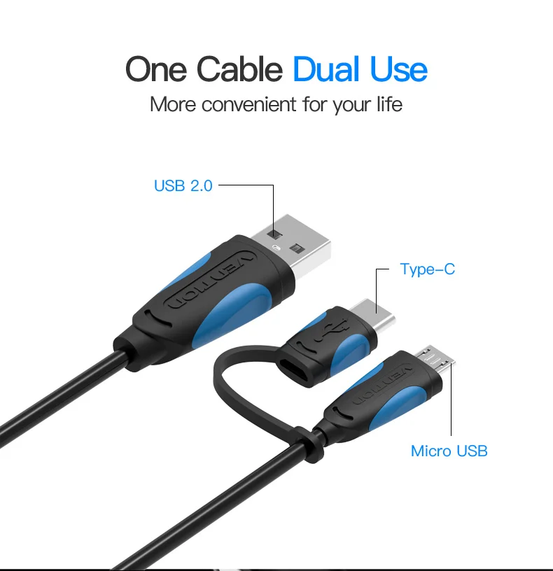 Кабель Micro USB Vention type-C 2 в 1 USB кабель для синхронизации данных USB C 5 в 2,4 a кабель для быстрой зарядки для samsung Xiaomi 5 huawei кабель type C 2 м